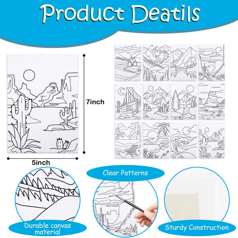 Anseal 84 Pcs Kids Paint Party Set Party Favors 12 Pre Drawn Canvas 12 Brushes 12 Palettes 12 Set Acrylic Paints 12 Apron Canvas Painting Kit for Kids Art Paint Partyï¼ˆLandscape Styleï¼‰ - Image 3