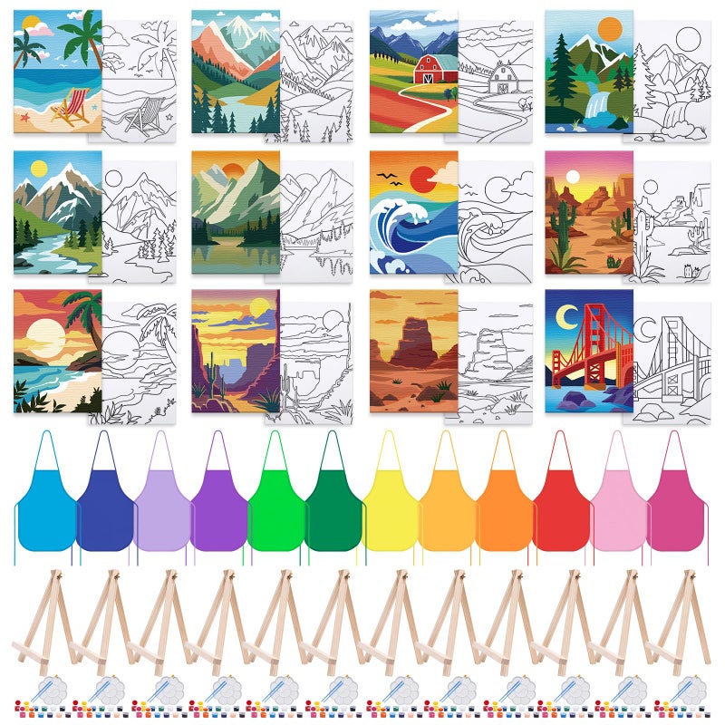 Anseal 84 Pcs Kids Paint Party Set Party Favors 12 Pre Drawn Canvas 12 Brushes 12 Palettes 12 Set Acrylic Paints 12 Apron Canvas Painting Kit for Kids Art Paint Partyï¼ˆLandscape Styleï¼‰ - Image 1