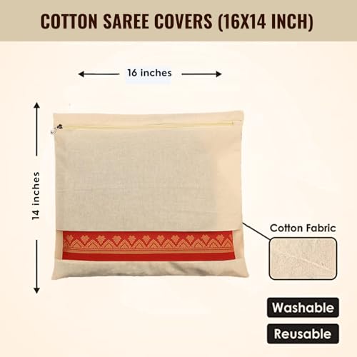 Solitude Pack of 6 Cotton Saree Covers for Storage | Saree Bags with Zipper 16x14 Inches | Cloth Bag for Wardrobe Storage Organizer with Transparent Mesh Window Saree Organiser (Beige) - Image 2