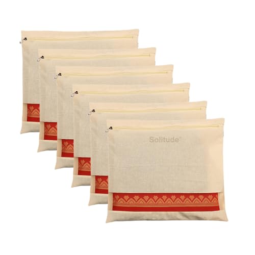 Solitude Pack of 6 Cotton Saree Covers for Storage | Saree Bags with Zipper 16x14 Inches | Cloth Bag for Wardrobe Storage Organizer with Transparent Mesh Window Saree Organiser (Beige) - Image 1