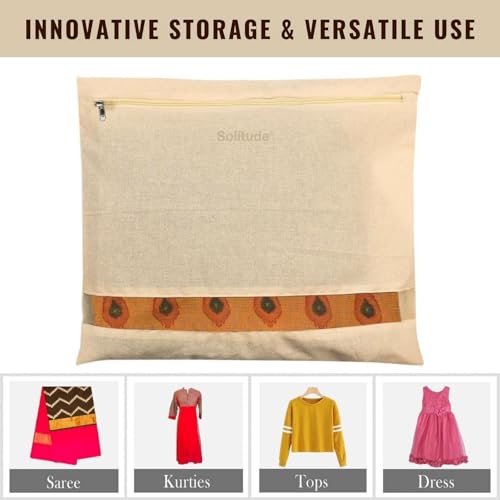 Solitude Pack of 6 Cotton Saree Covers for Storage | Saree Bags with Zipper 16x14 Inches | Cloth Bag for Wardrobe Storage Organizer with Transparent Mesh Window Saree Organiser (Beige) - Image 4