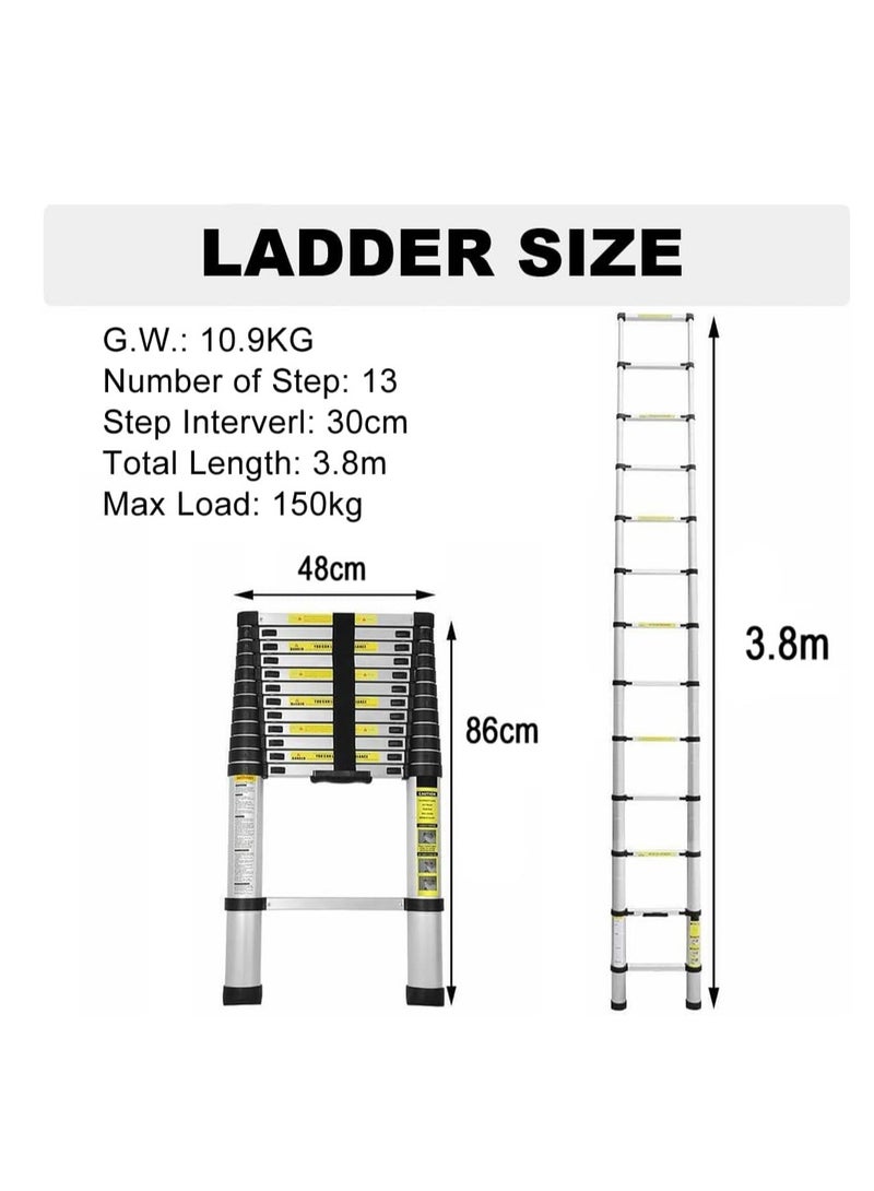 سلم تلسكوبي 3.8 متر - سلم تلسكوبي من الألومنيوم - سلم قابل للتمديد - غير قابل للانزلاق - سهل الحمل - معتمد وفقًا لمعايير EN131 - أقصى تحميل 150 كجم - Image 2