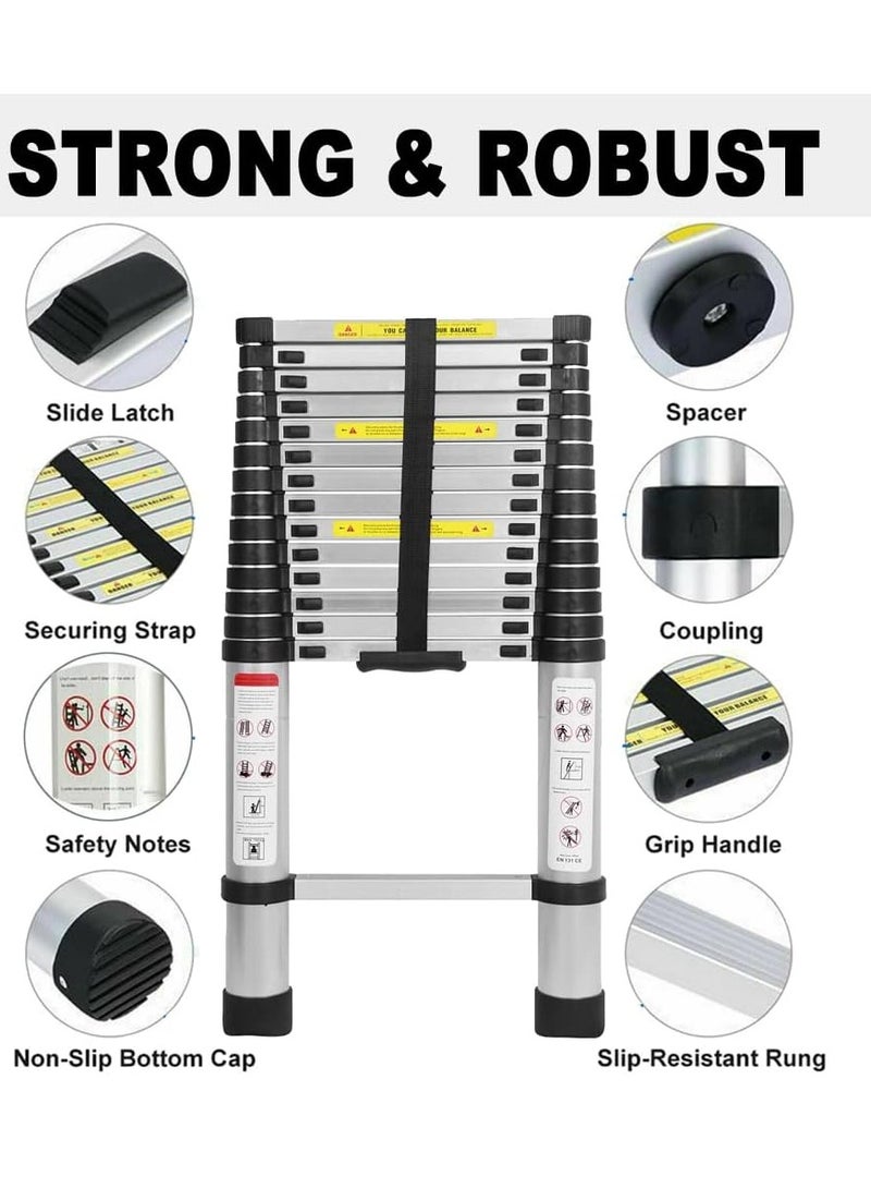 سلم تلسكوبي 3.8 متر - سلم تلسكوبي من الألومنيوم - سلم قابل للتمديد - غير قابل للانزلاق - سهل الحمل - معتمد وفقًا لمعايير EN131 - أقصى تحميل 150 كجم - Image 3