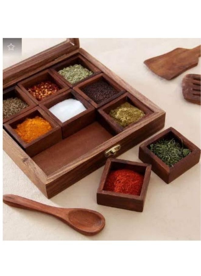 Wooden Spice Box Multi-Utility Storage Containers With Spoon
