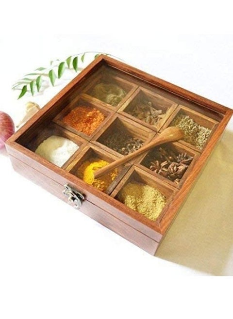 Wooden Spice Box Multi-Utility Storage Containers With Spoon