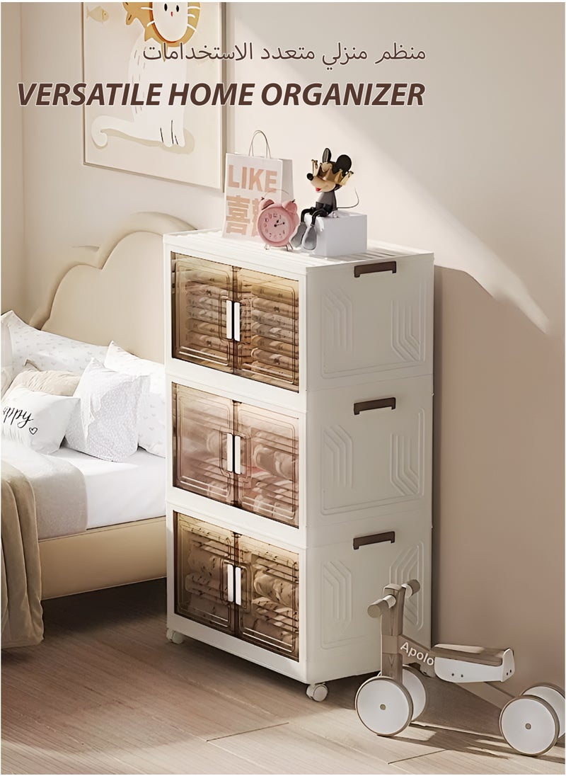 Toshionics 4-Tier Multi-Layer Collapsible Foldable Plastic Storage Cabinet with Rolling Wheels Clothes Organizer Wardrobe Cupboard with Transparent Acrylic Magnetic Double-Door Secure Lids and Lockable Casters Storage Box for Toys Snacks Kitchen Utensils Home Living Room Bedroom Bathroom Toiletries and Amenities Kitchen Pantries Office Spacious Versatile Portable Storage Rack Organizer 54x124x34cm  - Image 4