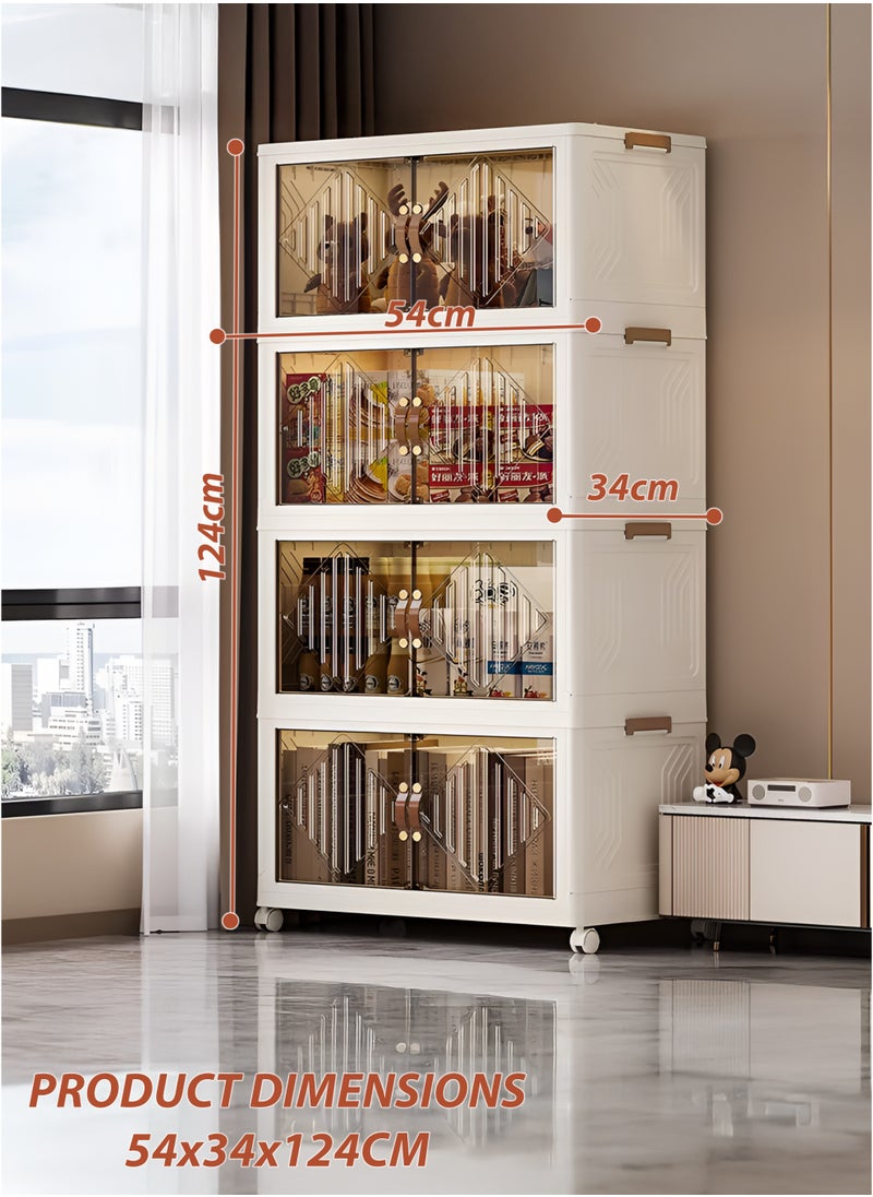 Toshionics 4-Tier Multi-Layer Collapsible Foldable Plastic Storage Cabinet with Rolling Wheels Clothes Organizer Wardrobe Cupboard with Transparent Acrylic Magnetic Double-Door Secure Lids and Lockable Casters Storage Box for Toys Snacks Kitchen Utensils Home Living Room Bedroom Bathroom Toiletries and Amenities Kitchen Pantries Office Spacious Versatile Portable Storage Rack Organizer 54x124x34cm  - Image 5