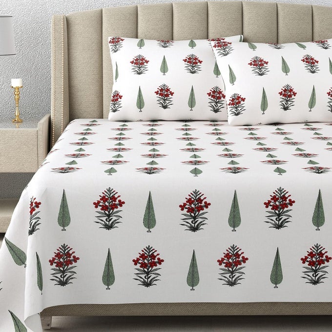 SINCE 1997 100 COTTON 300 TC PREMIUM KING SIZE BEDSHEET FOR DOUBLE BED 108 X 108 INCH WITH 2 PILLOW COVERS SET 17 X 27 INCH DESIGNER PRINTED BEDSHEET SET DARK RED