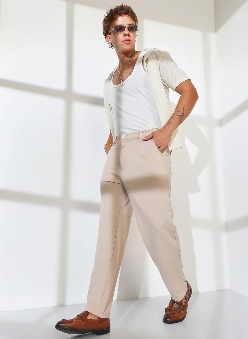 Campus Sutra  Men's Khaki Brown Straight-Fit Tailored Trousers for Men | Best Price UAE