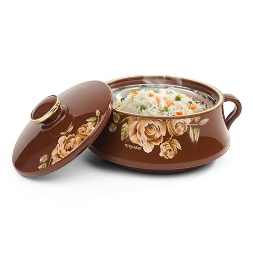 Nayasa Lorenzo Insulated Inner Stainless Steel Casserole- 1500 ML | Serving Bowl With Lid | Hot Pot for Kitchen | Roti Box | Brown - Image 1