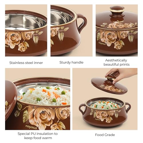 Nayasa Lorenzo Insulated Inner Stainless Steel Casserole- 1500 ML | Serving Bowl With Lid | Hot Pot for Kitchen | Roti Box | Brown - Image 4