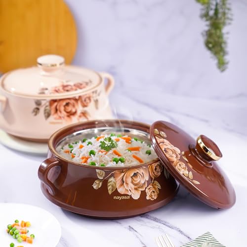 Nayasa Lorenzo Insulated Inner Stainless Steel Casserole- 1500 ML | Serving Bowl With Lid | Hot Pot for Kitchen | Roti Box | Brown - Image 2