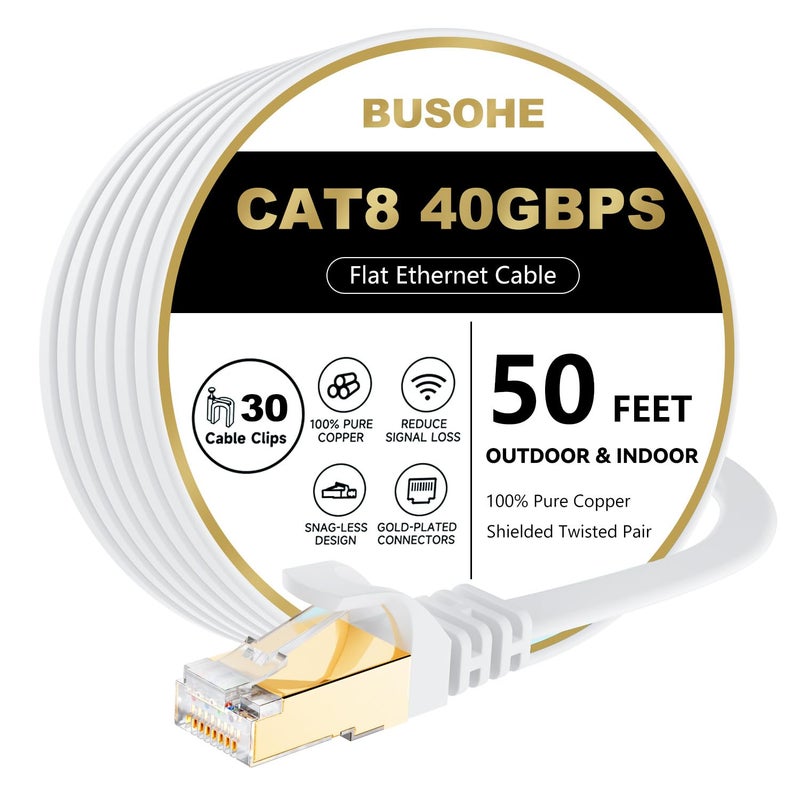BUSOHE Cat 8 Ethernet Cable 50 FT 40Gbps 2000Mhz High Speed Flat Cat8 Cable Patch Cord with GoldPlated RJ45 Connector LAN Network Internet Cable with 30 Clips for RouterGamingComputer SFTP