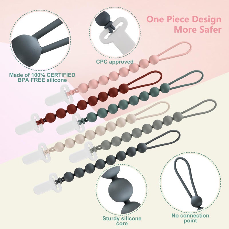Slotic 6-Pack Silicone Pacifier Clips for Babies, Safe Teething Beads, Rust-Free Holders, Baby Boy and Girl Essentials, Newborn Must-Have Accessories, BPA-Free - Image 3