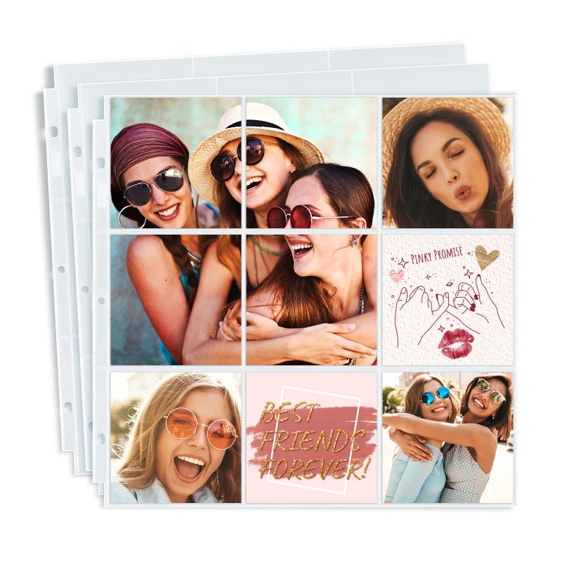 Dunwell 4x4 Photo Album Sleeves 25 Pack Fits 12x12 3Ring Album Binder 12 x 12 Scrapbooking Pages with 9 Square Pockets Photo Page Refills Holds 450 4 x 4 Prints Archival Quality