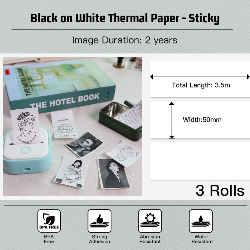 Memoking T02/M02X/M02L White Thermal Paper-2-Year Sticky 50mmx3.5m for Journal Photo Texts Study Notes and More, 3 Rolls - Image 2