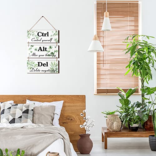 Qunclay 3 Pcs Office Wall Decor Green Leaves Wood Rustic Hanging Cubicle Decor Summer Inspirational Ctrl Alt Del Sign Decoration for Bathroom Indoor Home Living Room(Leaves) - Image 2