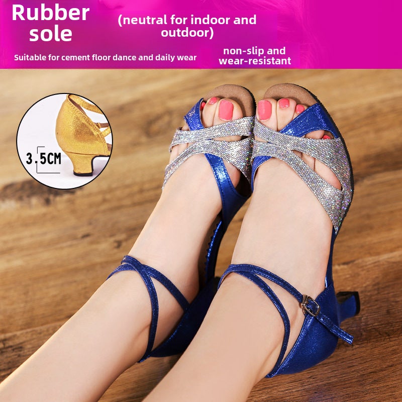 Generic 2021 Ladies Latin Dance Shoes Mid-Heel Sandals for Summer Blue 3.5CM rubber bottom