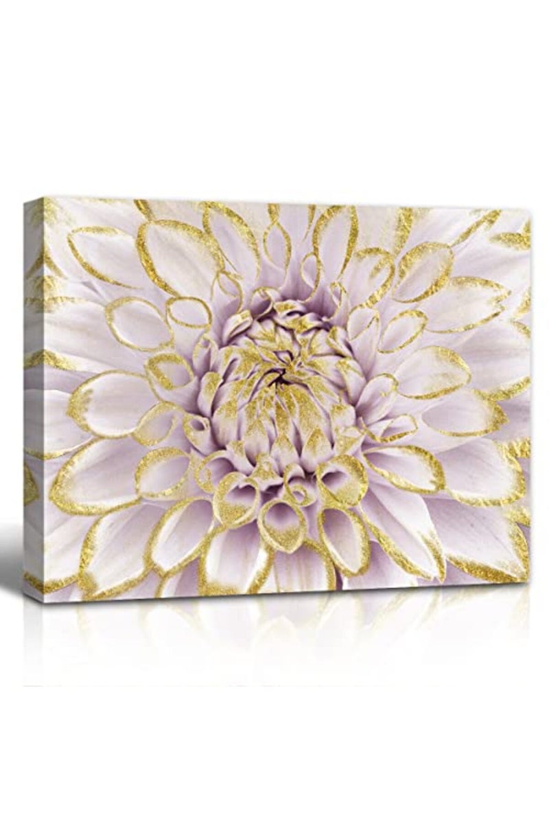 C8BUSIS Dahlia Flower Wall Art Bathroom Decor, Gold Purple White Dahlia Bloom Photography Posters for Living room Bedroom Decor, Framed Modern Floral Plants Paintings Artwork,12" X 16" x 1Panel - Image 2