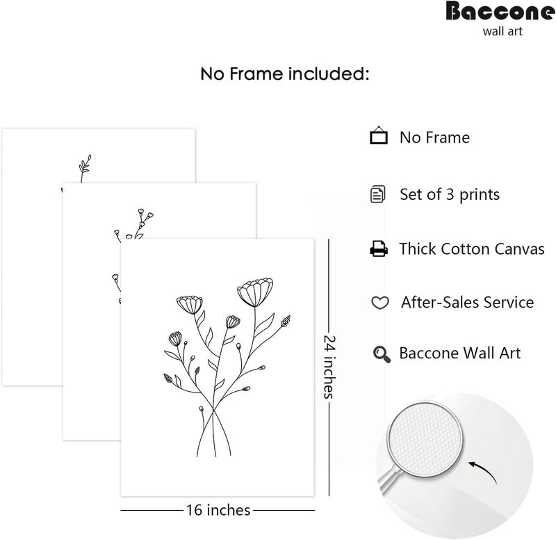Baccone Flower Line Wall Art Set of 3 Botanical Canvas Wall Decor - Image 2