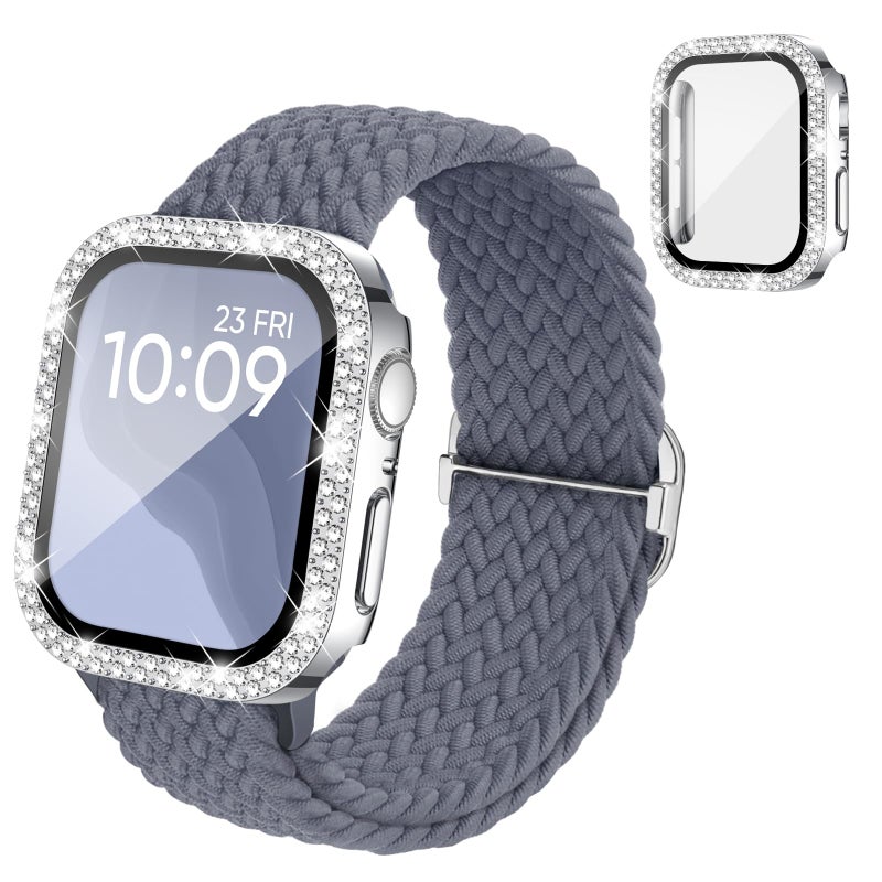 Knossen Braided Stretchy Band Compatible for Apple Watch Bands for Women and Case 40mm 41mm 42mm 44mm 45mm 46mm, Solace Solo Loop Bling Diamond Screen Protector Cover for iWatch Series 11 10 9 8 7 SE 6 5 4 - Image 1