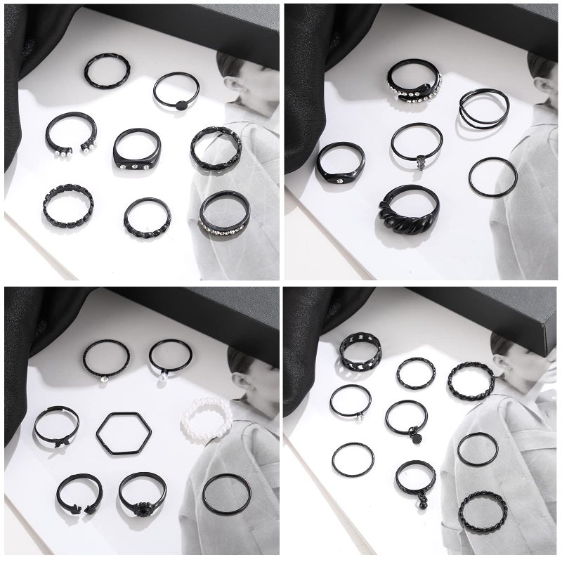 YEEZII 68 Pcs Black Knuckle Rings Set for Women, Stackable Rings Boho Joint Finger Midi Rings Silver Hollow Carved Crystal Stacking Rings Pack - Image 5