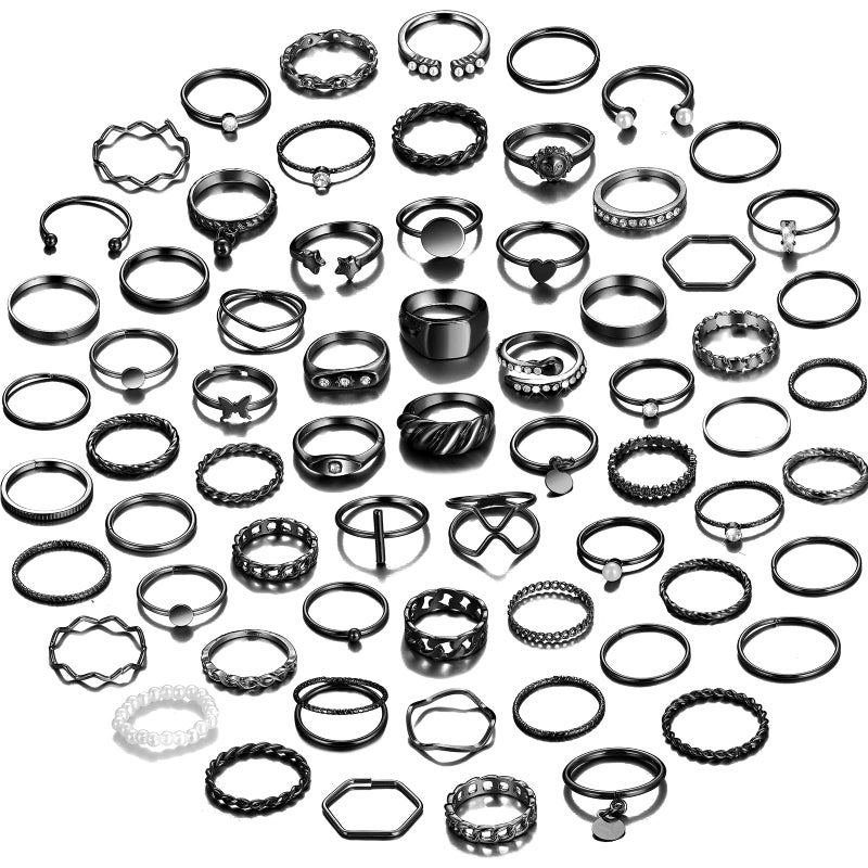 YEEZII 68 Pcs Black Knuckle Rings Set for Women, Stackable Rings Boho Joint Finger Midi Rings Silver Hollow Carved Crystal Stacking Rings Pack - Image 1