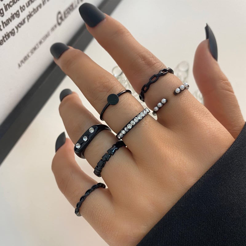 YEEZII 68 Pcs Black Knuckle Rings Set for Women, Stackable Rings Boho Joint Finger Midi Rings Silver Hollow Carved Crystal Stacking Rings Pack - Image 3