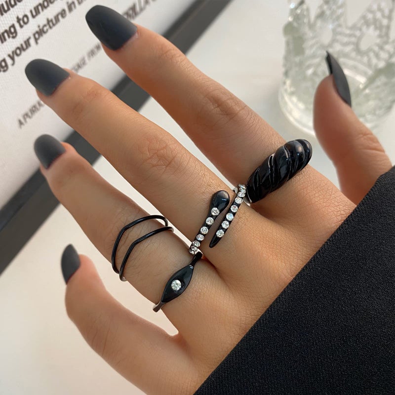 YEEZII 68 Pcs Black Knuckle Rings Set for Women, Stackable Rings Boho Joint Finger Midi Rings Silver Hollow Carved Crystal Stacking Rings Pack - Image 4