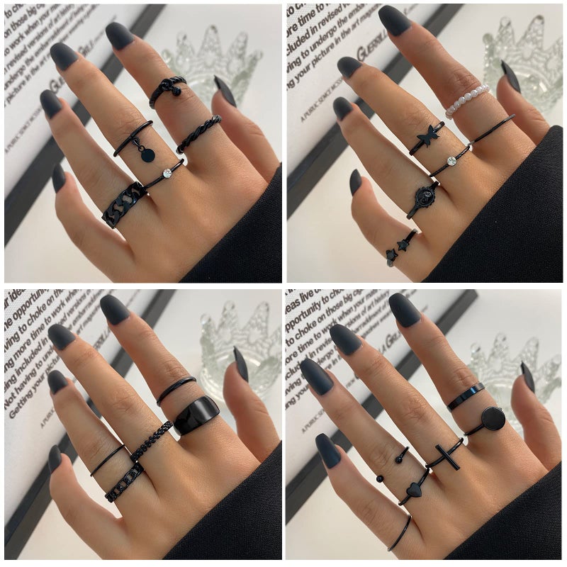 YEEZII 68 Pcs Black Knuckle Rings Set for Women, Stackable Rings Boho Joint Finger Midi Rings Silver Hollow Carved Crystal Stacking Rings Pack - Image 2