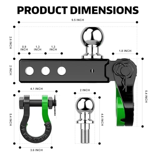 AUTOBOTS Trailer Hitch Ball Mount with 3/4" Recovery Shackle & Locking Hitch Pin & 2" Tow Hitch Ball，Fits 2 inch Hitch Receiver Green - Image 3