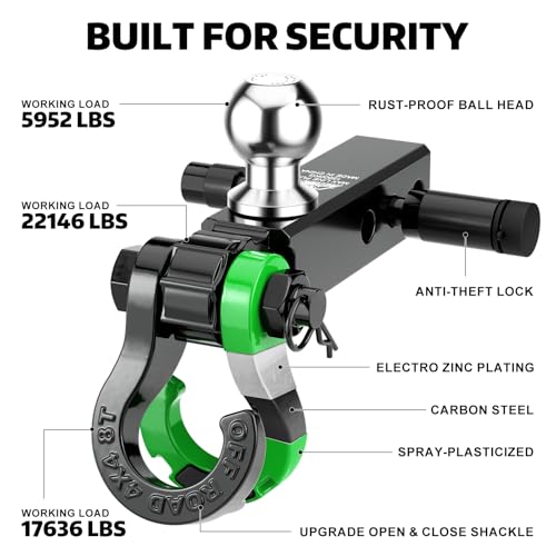 AUTOBOTS Trailer Hitch Ball Mount with 3/4" Recovery Shackle & Locking Hitch Pin & 2" Tow Hitch Ball，Fits 2 inch Hitch Receiver Green - Image 4