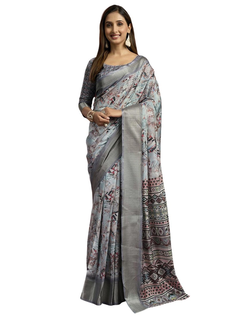 Satrani Women's Dola Silk Weaving Border Printed Ready To Wear One Minute Pre Stitched Saree with Unstitched Blouse Piece (64RS183N_Grey & Multi) - Image 1