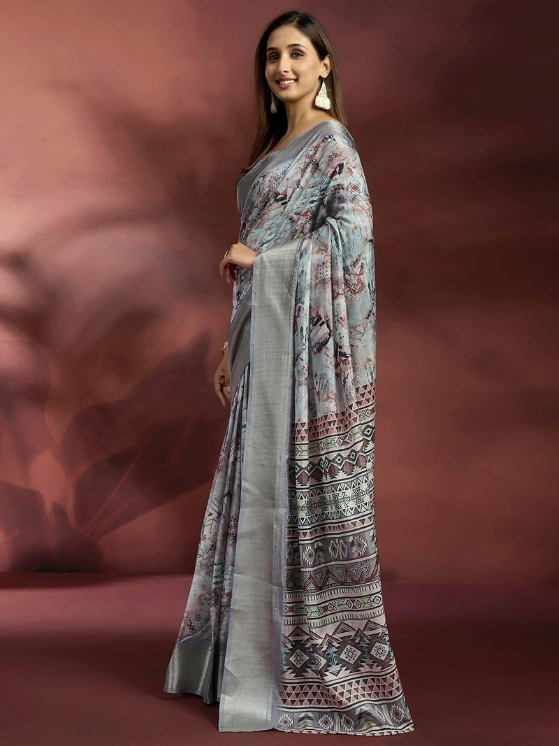 Satrani Women's Dola Silk Weaving Border Printed Ready To Wear One Minute Pre Stitched Saree with Unstitched Blouse Piece (64RS183N_Grey & Multi) - Image 2