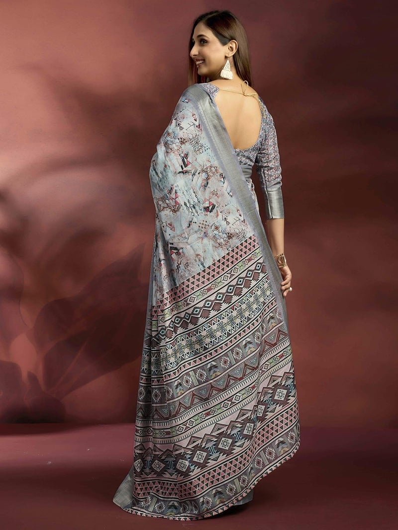 Satrani Women's Dola Silk Weaving Border Printed Ready To Wear One Minute Pre Stitched Saree with Unstitched Blouse Piece (64RS183N_Grey & Multi) - Image 3
