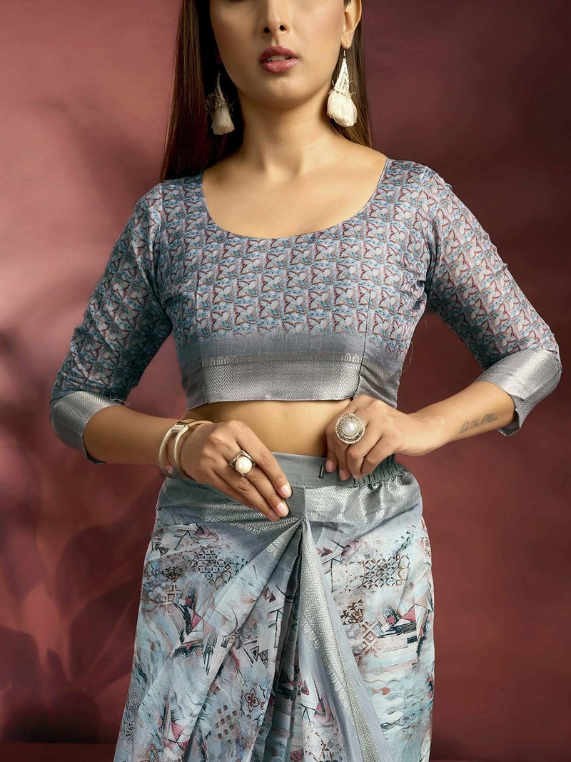Satrani Women's Dola Silk Weaving Border Printed Ready To Wear One Minute Pre Stitched Saree with Unstitched Blouse Piece (64RS183N_Grey & Multi) - Image 5