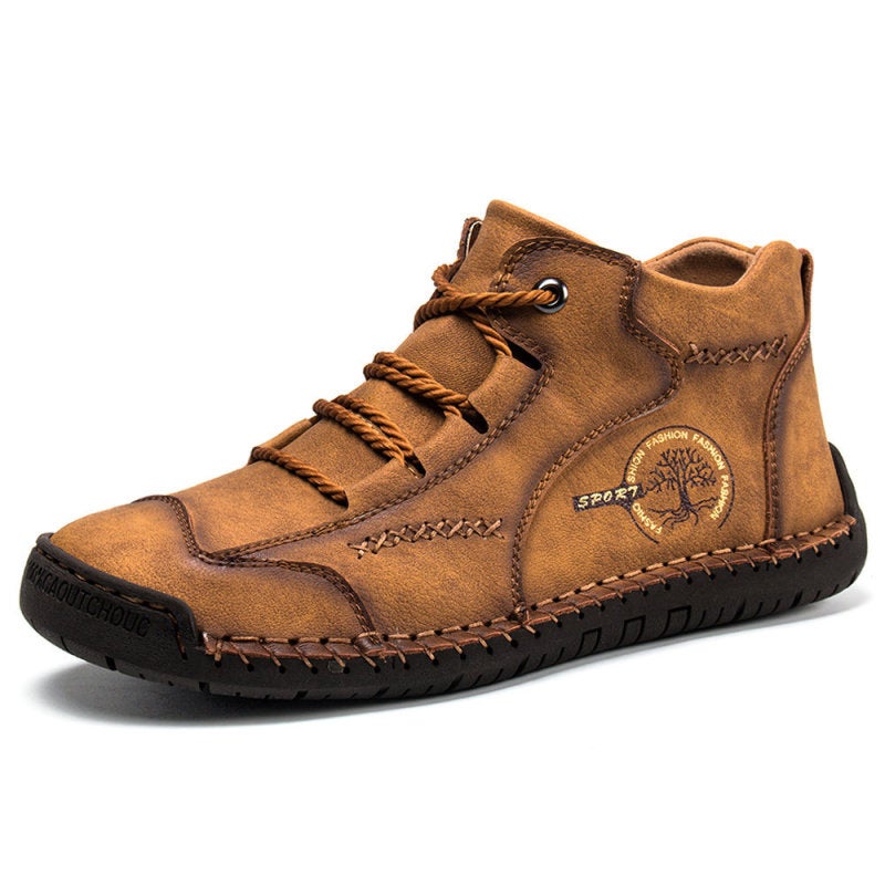 HPIOPL quality autumn and winter men's large size high-top 48 mid-top boots leather boots retro hand-stitched leather shoes Huang Zong 45 - Image 1