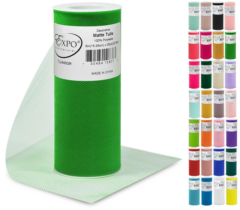 لفافة تول مات غير لامع دولية إكسبو 6 بوصات × 25 ياردة مصنوعة من البوليستر، قماش تول غير لامع، خفيف الوزن، متعدد الاستخدامات، قابل للغسل، سهل الاستخدام، أخضر