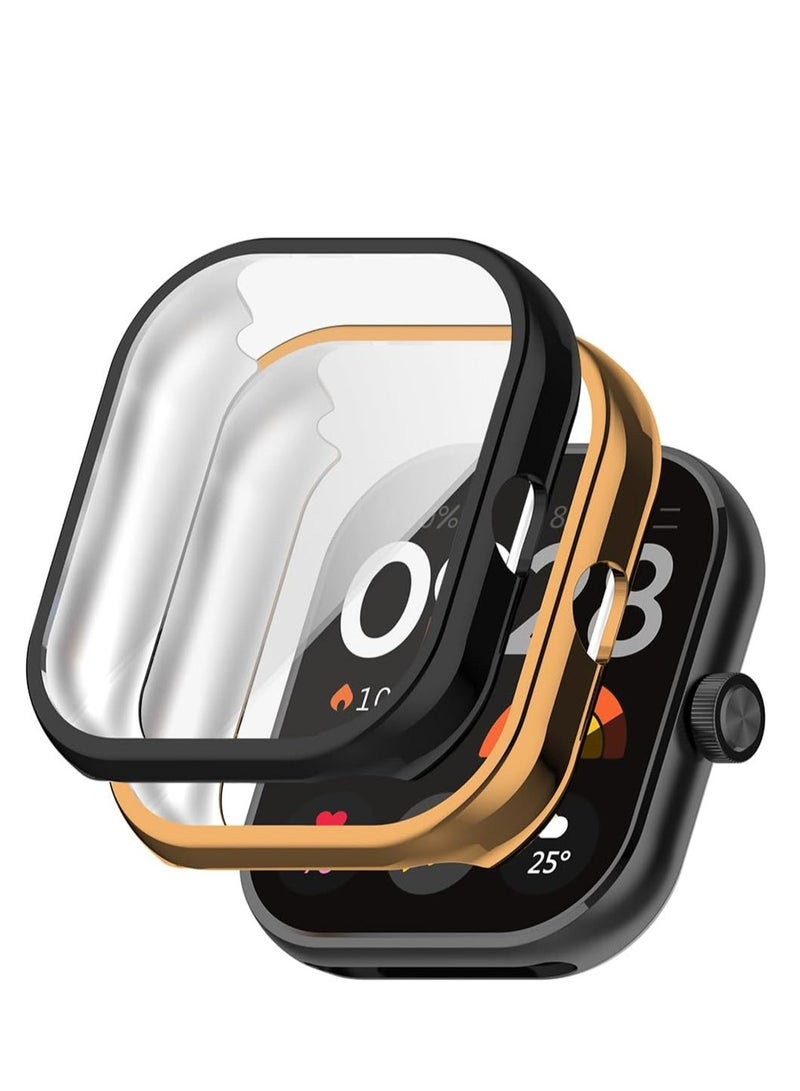 KASTWAVE Case for Xiaomi Redmi Watch 4, Tempered Glass Screen Protector, PC Hard Case Tempered Glass Screen Protection Cover Slim Full Cover Scratch Proof Protector, 2 Pcs, Black and Gold  - Image 1