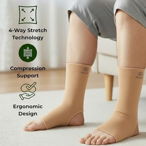 NECARE NeAID Polyester Orthopedic Ankle Cap (1 PAIR) | Compression Support for Pain Relief, Sprains, Swelling, Sports & Gym | 4-Way Ankle Sleeves For Men & Women (XL, BEIGE) - Image 3