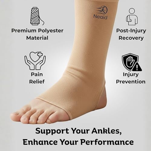NECARE NeAID Polyester Orthopedic Ankle Cap (1 PAIR) | Compression Support for Pain Relief, Sprains, Swelling, Sports & Gym | 4-Way Ankle Sleeves For Men & Women (XL, BEIGE) - Image 4