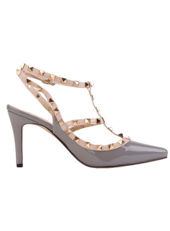 Loquat Fashionable rivet pointed-toe spliced studded/riveted T-strap pumps 8 cm Gray - Image 2