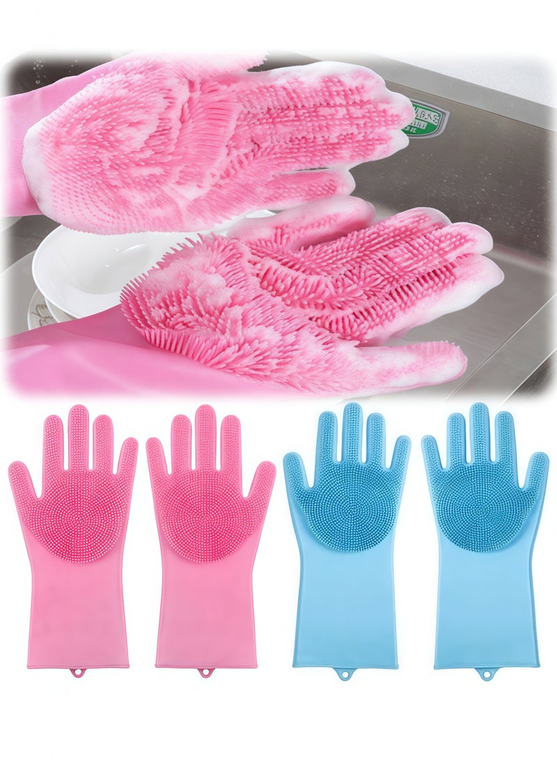 2 Pairs of Magic Silicone Gloves with Scrubber Brush, Silicone Cleaning Gloves, Silicone Gloves for Kitchen Dishwashing and Pet Grooming, Great for Dishwashing, Car Washing, Bathroom (Pink and Blue) - Image 1