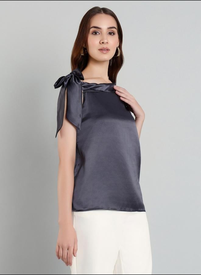 Mish Solid Satin Top with Tie Up Detail - Image 1