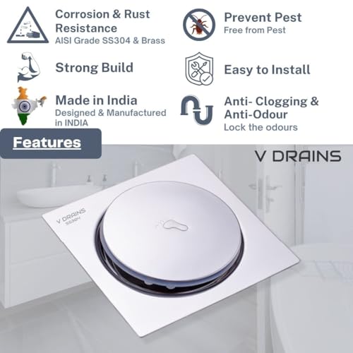 V DRAINS Stainless Steel SS304 6x6 inch Pop Up Floor Drain (150mm x 150mm) for Bathroom/Balcony/Roof/Terrace/Floor/Parking Anti Foul | Anti-Cockroach Finish: Glossy (Crome) - Image 3