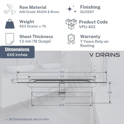 V DRAINS Stainless Steel SS304 6x6 inch Pop Up Floor Drain (150mm x 150mm) for Bathroom/Balcony/Roof/Terrace/Floor/Parking Anti Foul | Anti-Cockroach Finish: Glossy (Crome) - Image 2