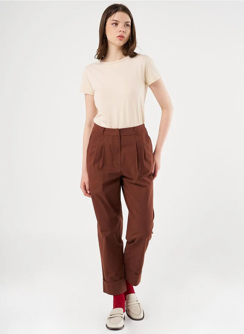 Kayra Double Cuff Carrot Cut Pants Brown