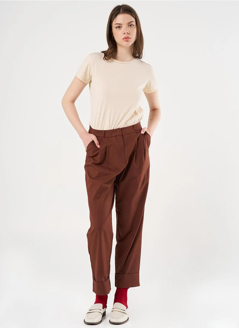 Kayra Double Cuff Carrot Cut Pants Brown