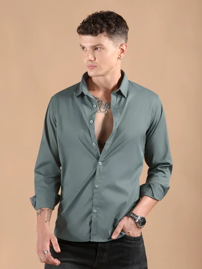 Beyoung Stone Grey Solid Regular Fit Shirt