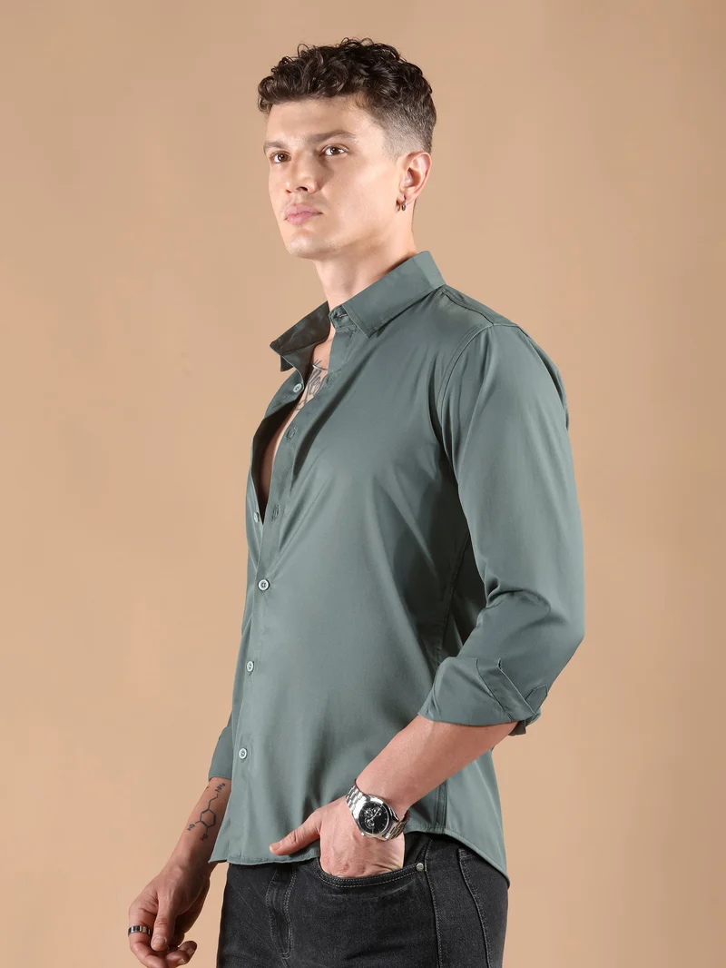 Beyoung Stone Grey Solid Regular Fit Shirt